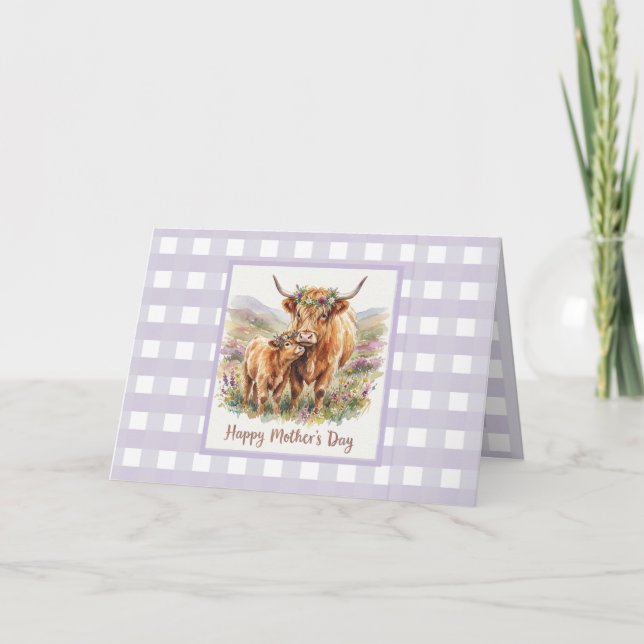 Carte Fête des Mères personnalisée Highland Cow Gingham  (Devant)