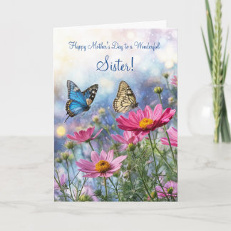 Carte Fête des Mères Sœur avec fleurs de jardin papillon
