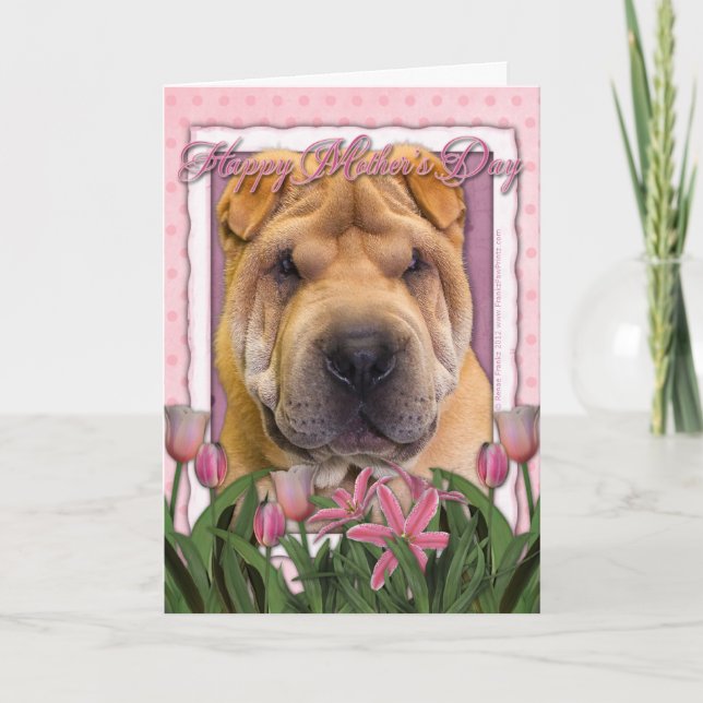 Carte Fête des mères - Tulipes roses - Chinois Shar Pei (Devant)