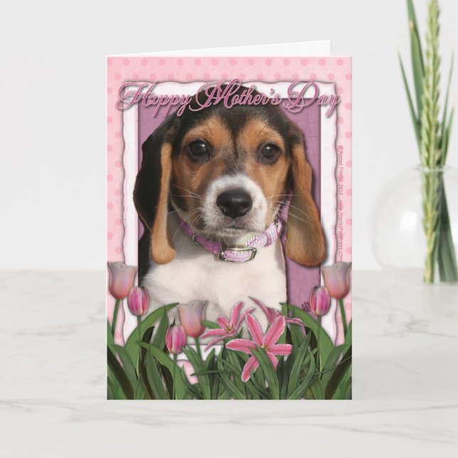 Carte Fête des mères - Tulipes roses - Chiot Beagle (Devant)