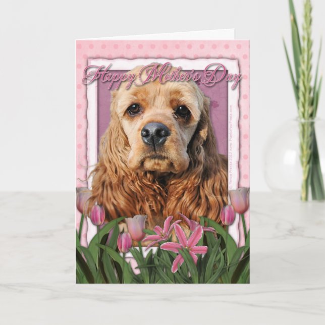 Carte Fête des mères - Tulipes roses - Cocker Spaniel (Devant)