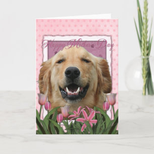 Carte Fête des mères - Tulipes roses - Golden Retriever