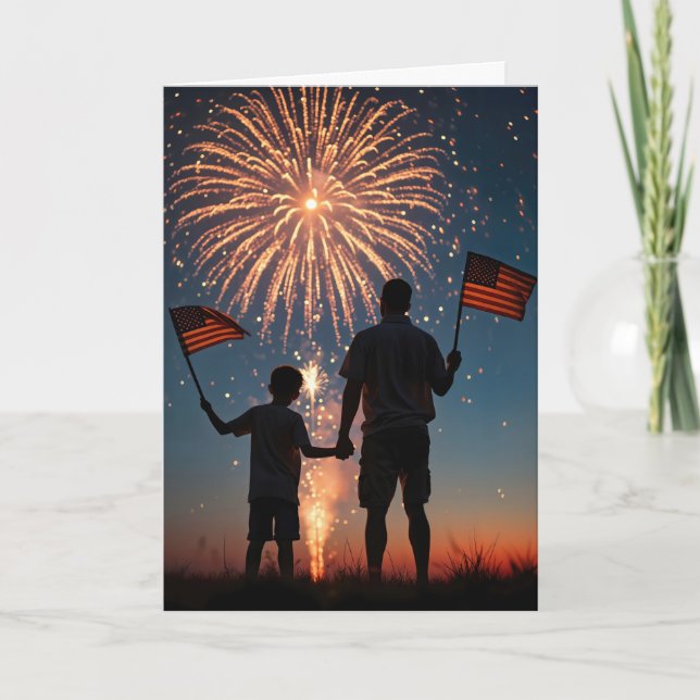 Carte Fête des pères avec Fireworks et drapeaux américai (Devant)