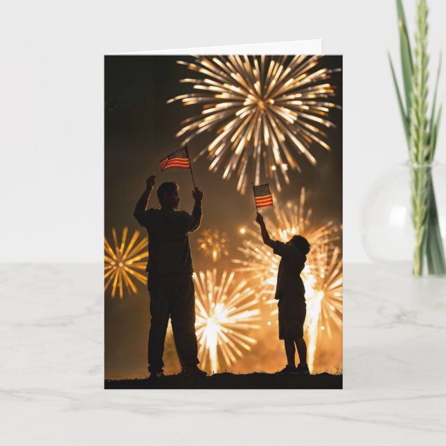 Carte Fête des pères avec Fireworks et drapeaux américai (Devant)