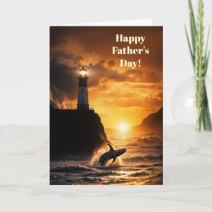 Carte Fête des Pères avec phare baleine coucher de solei