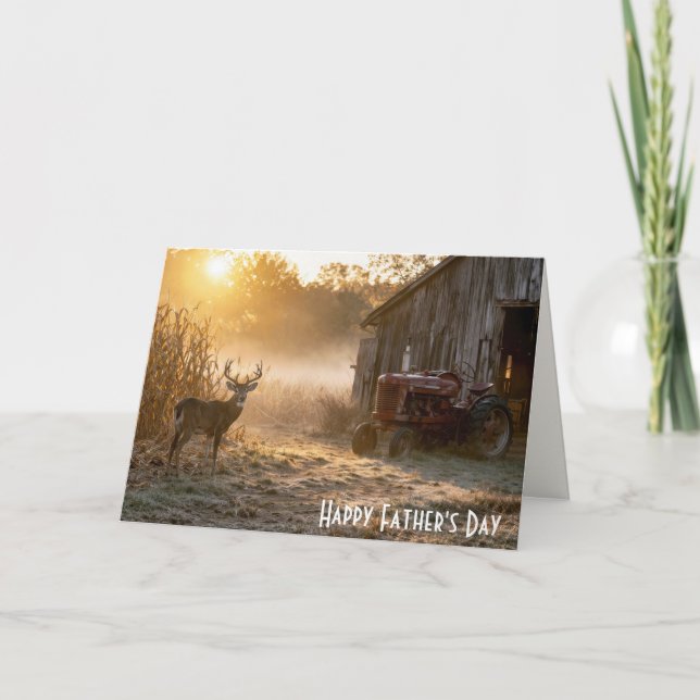 Carte Fête des Pères Cerf à queue blanche avec tracteur  (Devant)