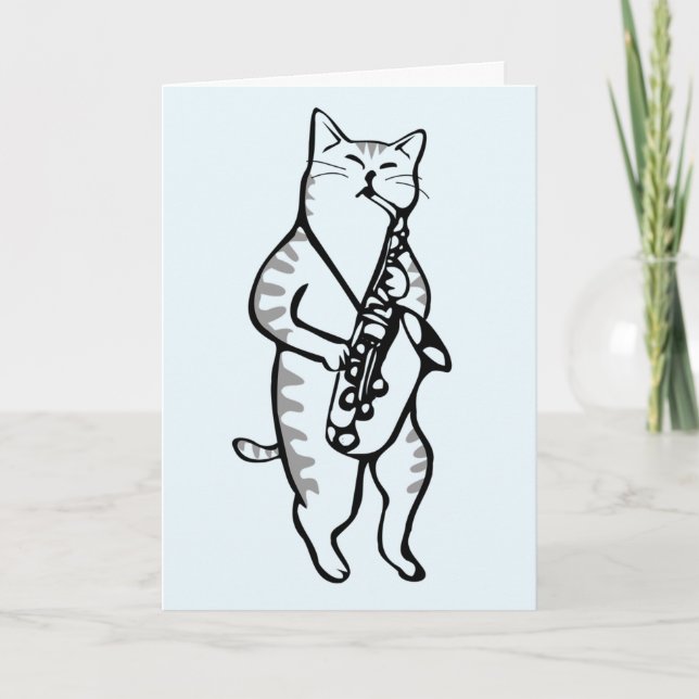 CARTE FÊTE DES PÈRES CHAT JOUANT DU SAXOPHONE (Devant)