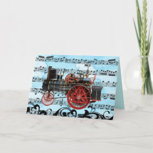 Carte FÊTE DES PÈRES MUSICALE LOCOMOTIVE À VAPEUR vintag
