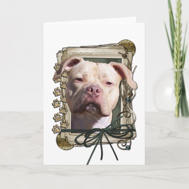 Carte Fête des pères - pattes en pierre - Pitbull - (Devant)