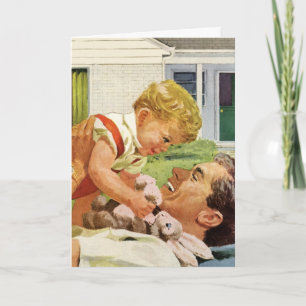 Carte Fête des Pères vintage, famille heureuse en banlie