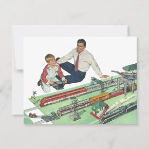 Carte Fête des Pères vintage, papa et fils avec des trai