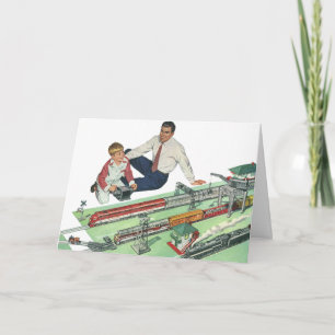 Carte Fête des pères vintage, père et fils avec Trains