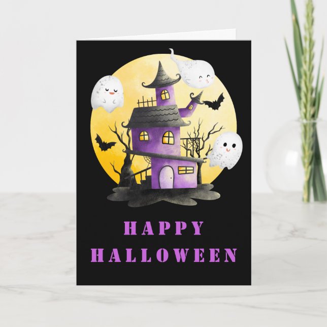 Carte Fête d'Halloween avec Maison hantée et Fantômes (Devant)