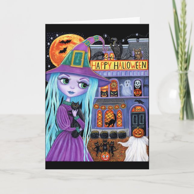 Carte Fête d'Halloween Chat Noir Sorcière Mignonne Maiso (Devant)