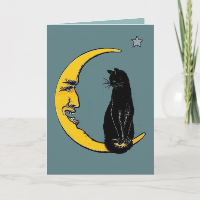 Carte Fête d'Halloween Vintage Lune & Chat Noir (Devant)