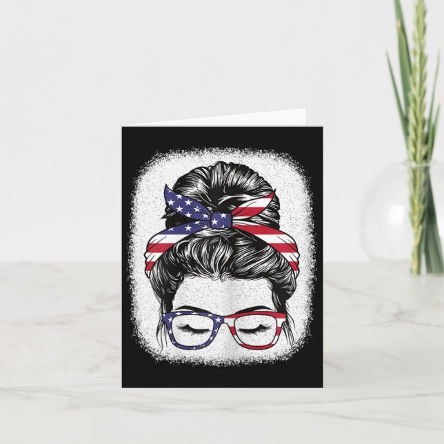 Carte Fête du 4 juillet chignon décoiffé drapeau américa (Devant)
