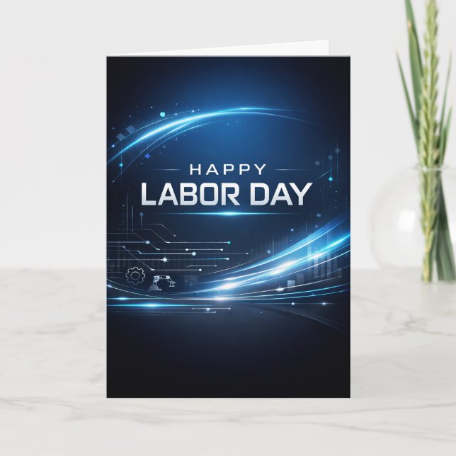 Carte Fête du Travail Bleue Futuriste Joyeuse (Devant)