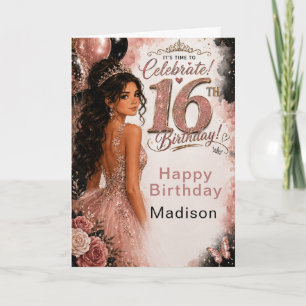 Carte Fête Rose Pailletée Seize Ans
