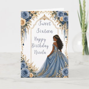 Carte Fête Sweet Sixteen Fleurs Or Bleu Poussiéreux
