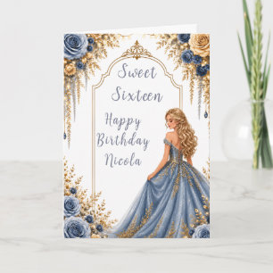 Carte Fête Sweet Sixteen Fleurs Or Bleu Poussiéreux
