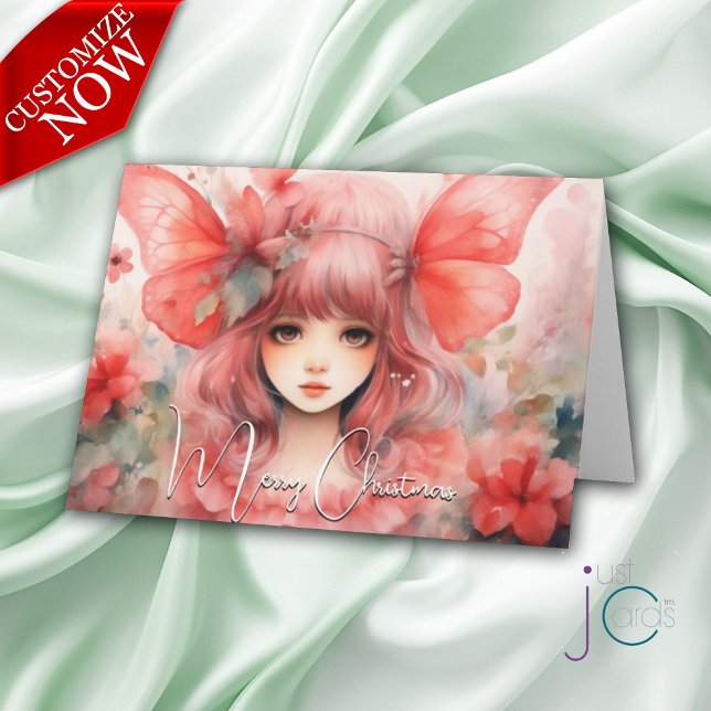 Carte Fêtes de Noël Pixie aux papillons rouges (Customizable Text)