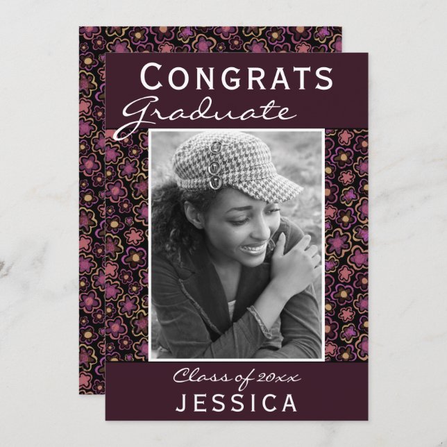 Carte Fêtes Diplômée Fleur Motif Photo Graduate (Devant / Derrière)