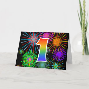Carte Feu d'artifice coloré + Motif arc-en-ciel "1" N° d