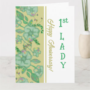 Carte Feuillage vert Floral Or 1ère Dame Anniversaire