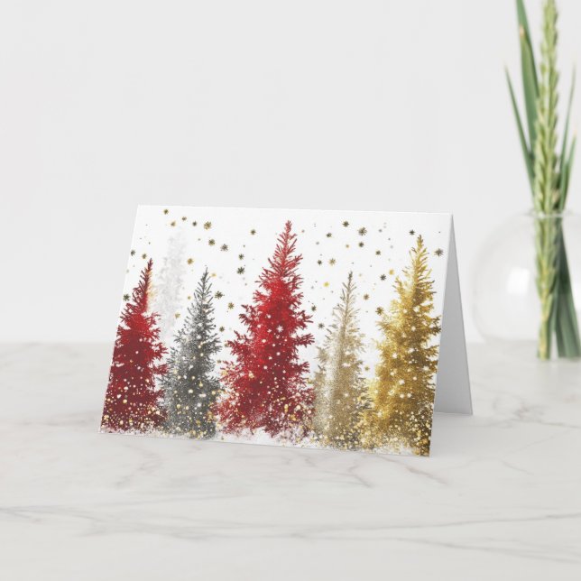 Carte Feuille d'or et arbres rouges sous la neige scinti (Devant)