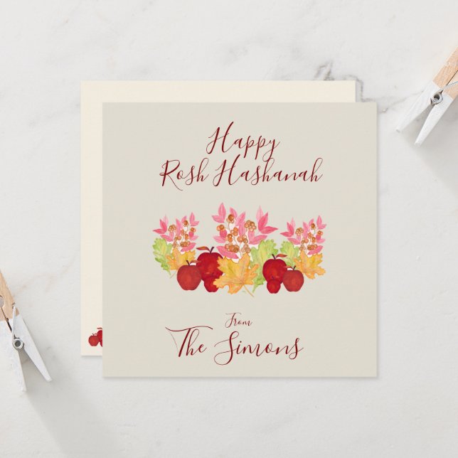 Carte Feuilles d'aquarelle Pommes Rosh Hashanah FLAT (Devant/Arrière en situation)