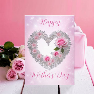Carte Feuilles d'Argent Cœur Rose Rose Mère Bonne Fête d
