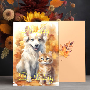 Carte Feuilles d'automne Chien Collie Blanc & Chaton Tab