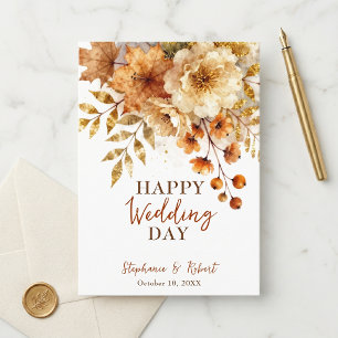 Carte Feuilles d'Automne Floral Or Paillettes Mariage Fé