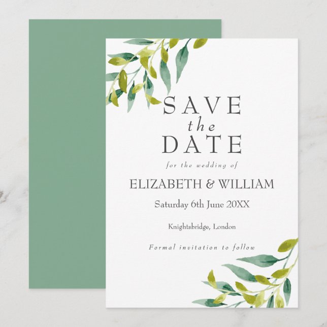 Carte Feuilles de Prairie Vert Save the Date (Devant / Derrière)