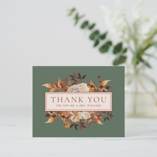 Carte Feuilles de Terracotta de Chute Verte Fleurs Merci (Debout devant)
