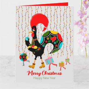 Carte Feux de Noël, baubles, cadeaux et coq