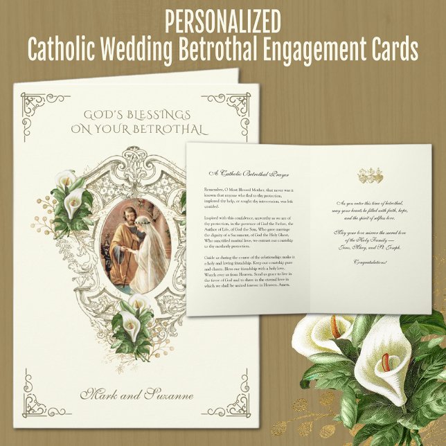 Carte Fiançailles catholiques fleurs de mariage (Traditional Catholic Wedding Betrothal Congratulations Prayer Cards)
