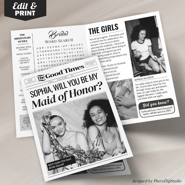 Carte Fiche de proposition d'une bonne servante d'honneu (Fun Wedding Newspaper Maid of Honor Proposal Card)