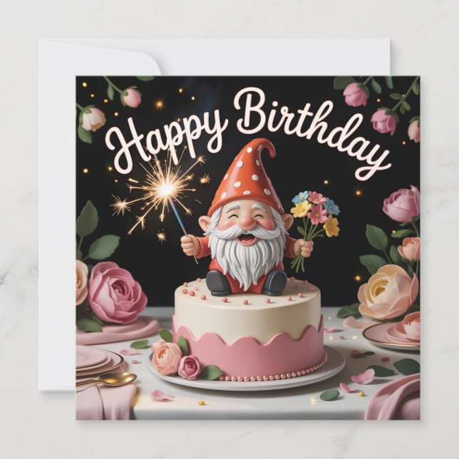Carte Figurine de gnome d'anniversaire sur un gâteau (Devant)
