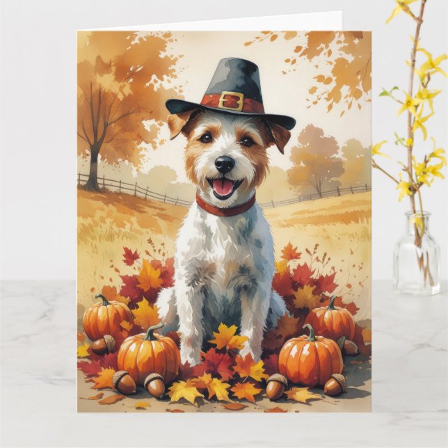 Carte Fil Fox Terrier À L'Automne Feuilles Thanksgiving  (Fleur jaune)