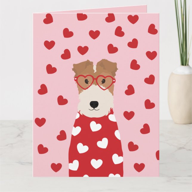 Carte Fil Fox Terrier Lunettes de coeur de chien rose ro (Devant)