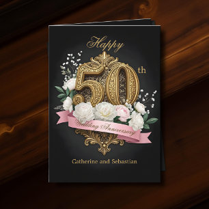Carte Filigree d'or et fleurs 50e anniversaire de Mariag