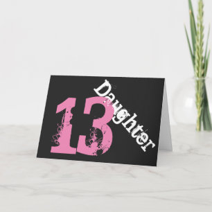 Carte Fille, 13ème anniversaire, blanc, rose sur noir.