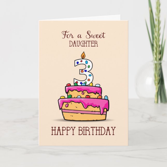 Carte Fille 3e anniversaire, 3 sur le gâteau rose doux (Devant)