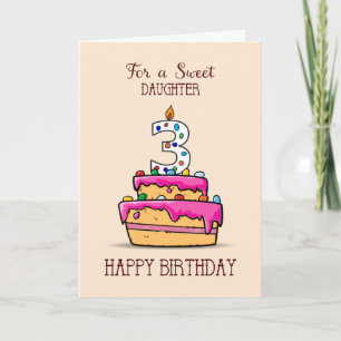 Carte Fille 3e anniversaire, 3 sur le gâteau rose doux