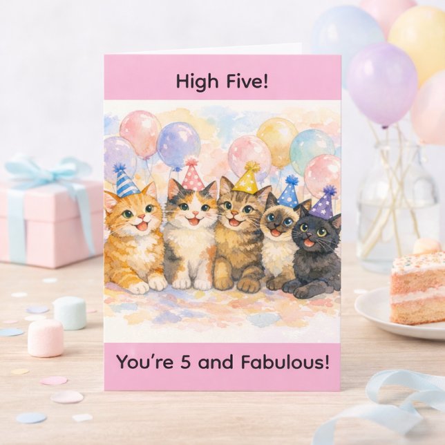 Carte Fille 5 ans pour son 5ème anniversaire Chat mignon (Créateur téléchargé)