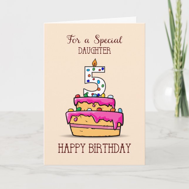 Carte Fille 5e anniversaire, 5 sur le gâteau rose doux (Devant)