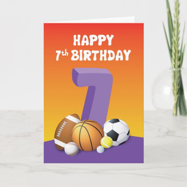 Carte Fille 7e anniversaire des balles de sport (Devant)