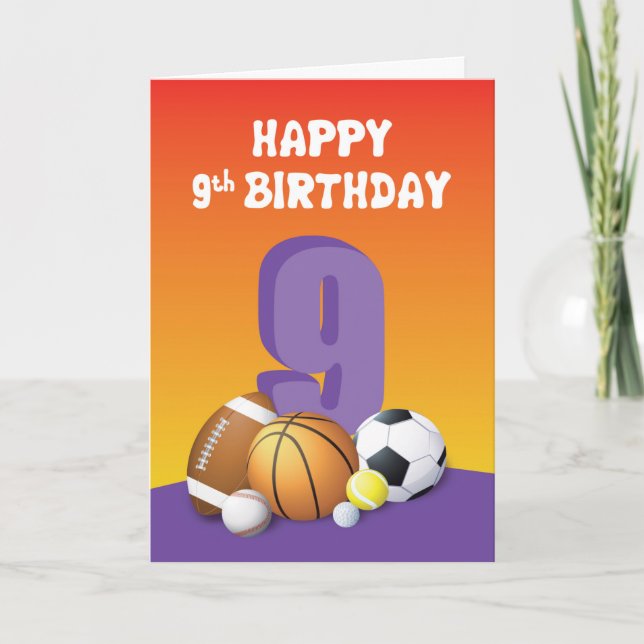 Carte Fille 9e anniversaire des balles de sport (Devant)