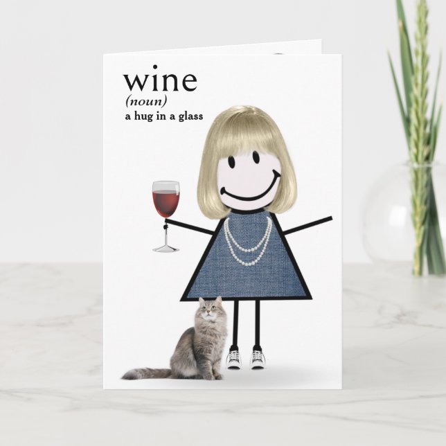 Carte Fille à bâtons d'anniversaire avec du vin et un ch (Devant)